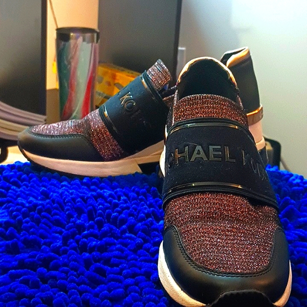 Michael Kors Wedge Heel Tennis Shoes, Black patent around soul, Rose Gold accent